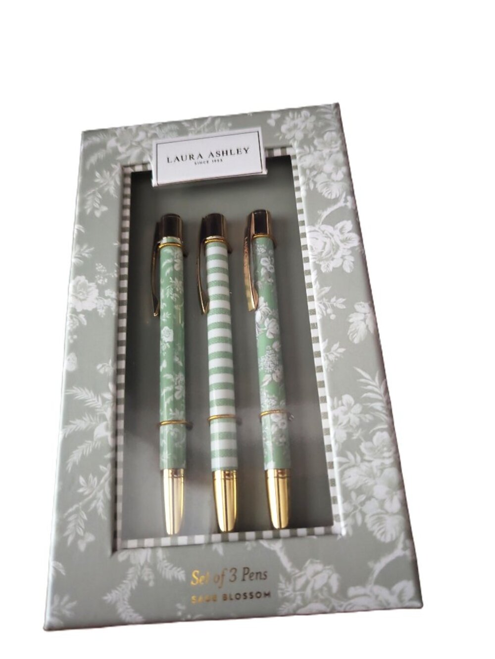 Laura Ashley Sage Blossom Set Of 3 Pens NEW